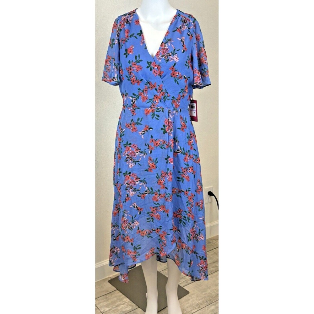 Vince Camuto Floral Faux Wrap Midi Dress Size 6 Blue Brunch Wedding Guest Spring